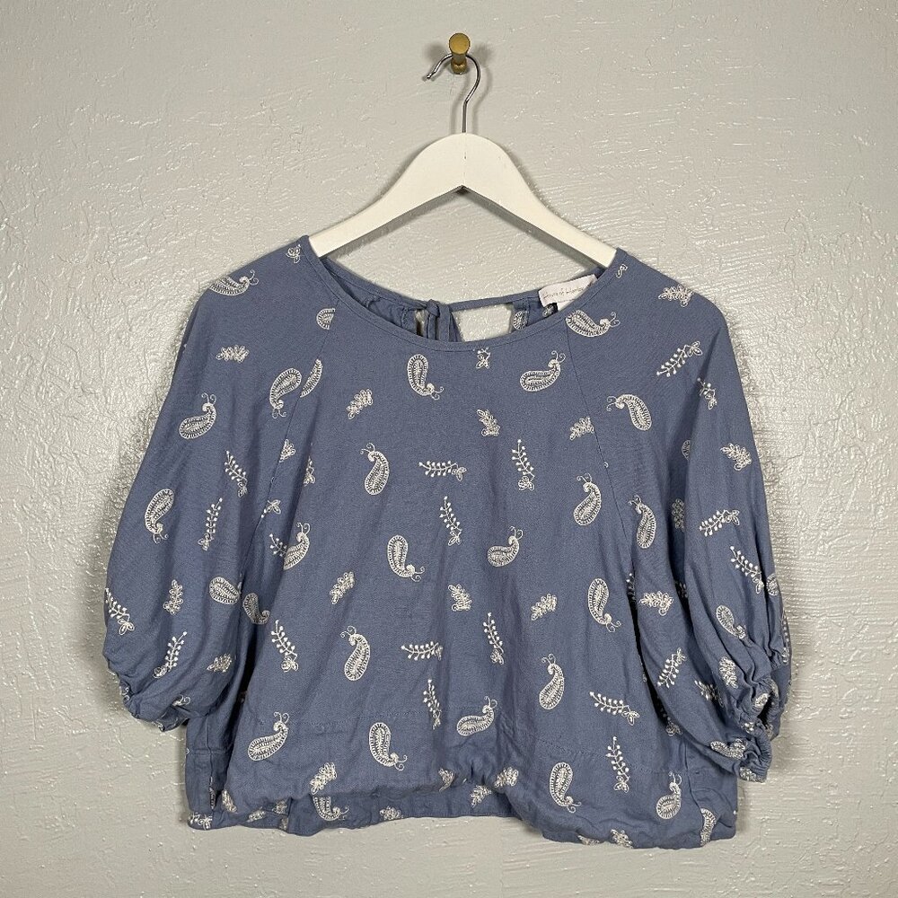 House of Harlow 1960 Women L Blue Cream Paisley Embroidery Crop Balloon Sleeve